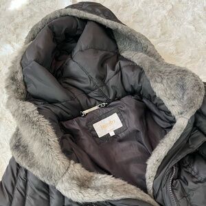 Laundry by Shelli Segal Charcoal Puffer Coat with Gray Faux Fur